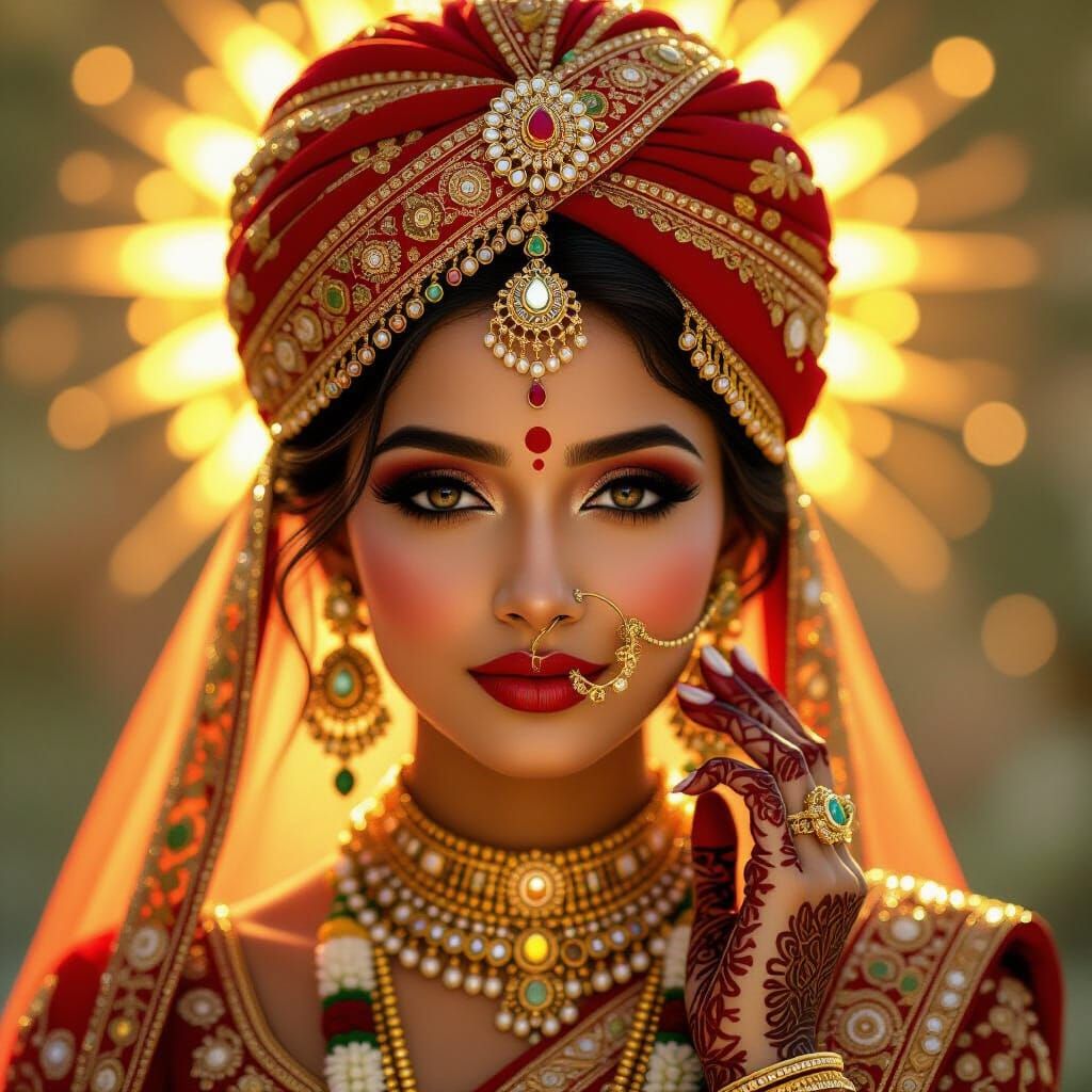 Indian Bride in Ornate Hindu Turban with Gold Embroidery