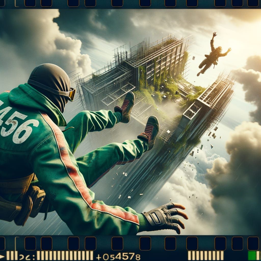 Character Falls from Tower in Cinematic Film Still