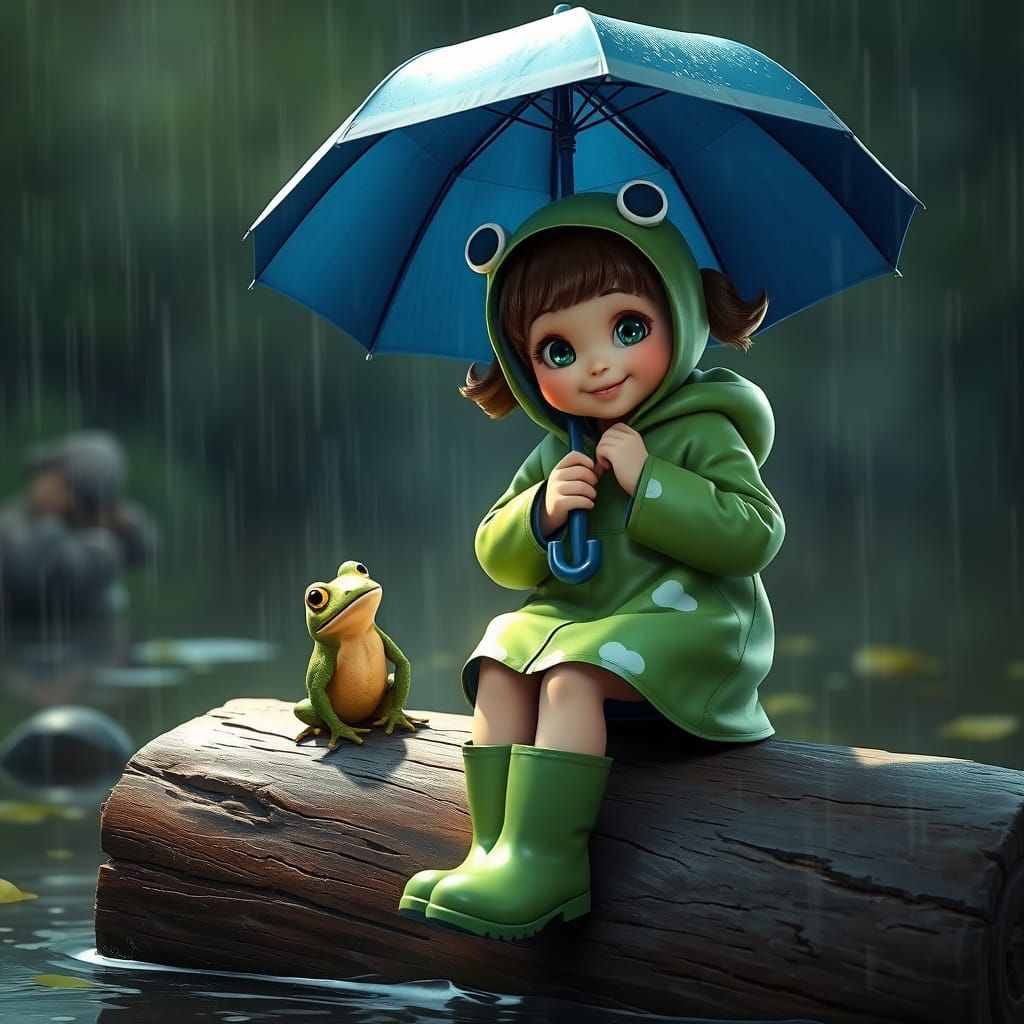 Girl in Frog Raincoat Smiling at Frog: Fantasy Art