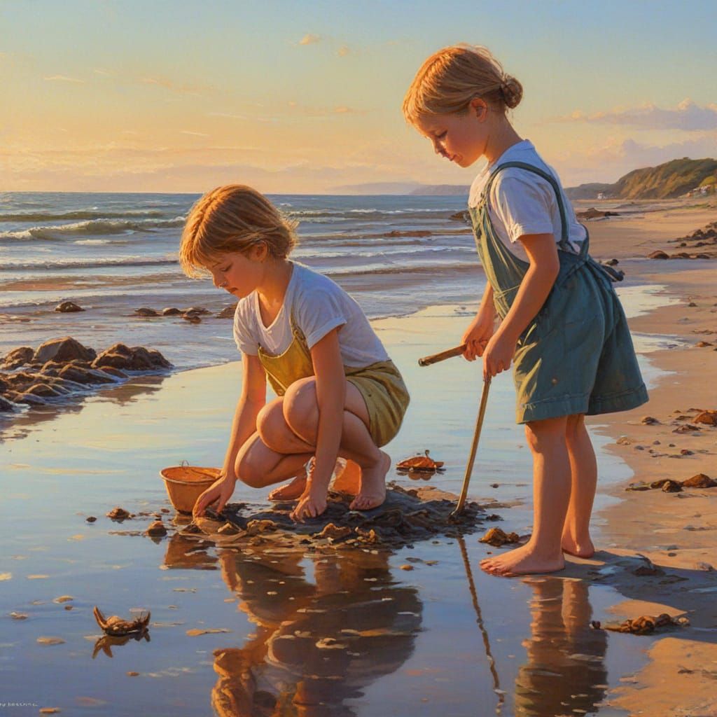 Children Explore Tide Pool in Impressionist Style