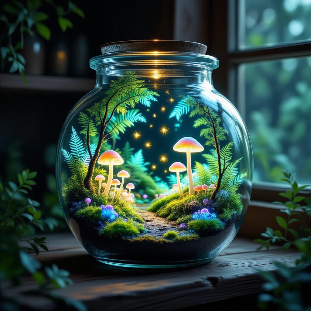Bioluminescent Forest in Glass Jar: Ethereal Ecosystem