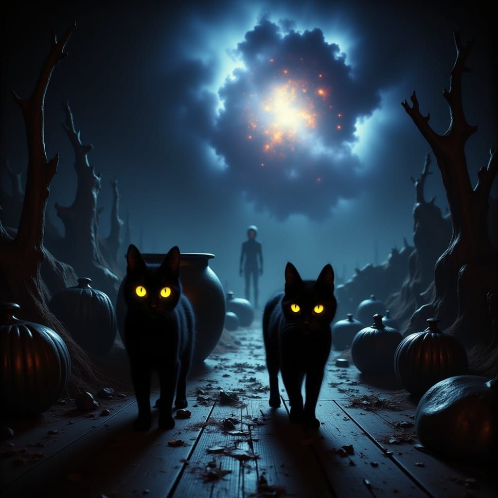 Eerie Halloween Scene: Black Cats and Witch's Cauldron
