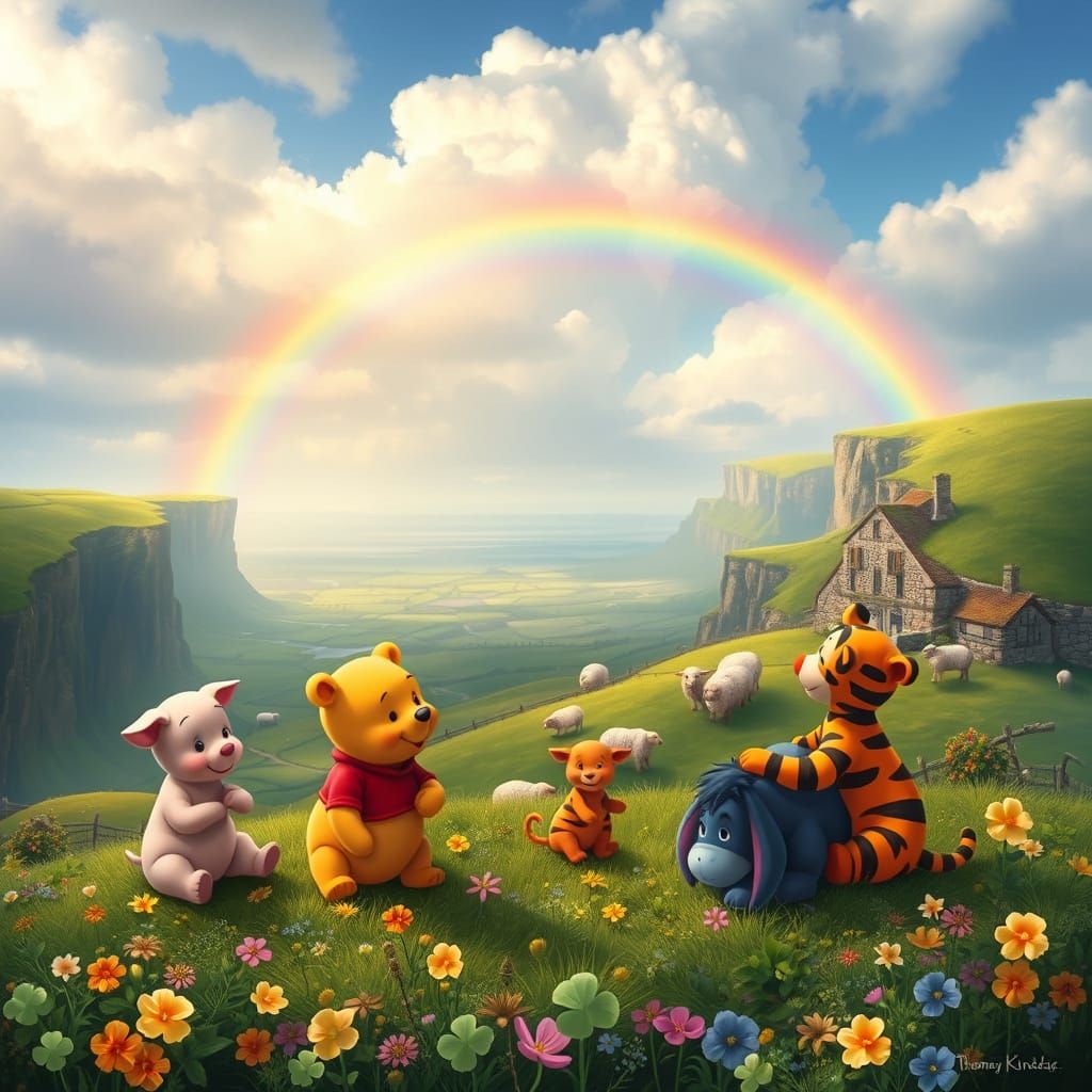 Whimsical Irish Landscape with Winnie the Pooh and Friends C...