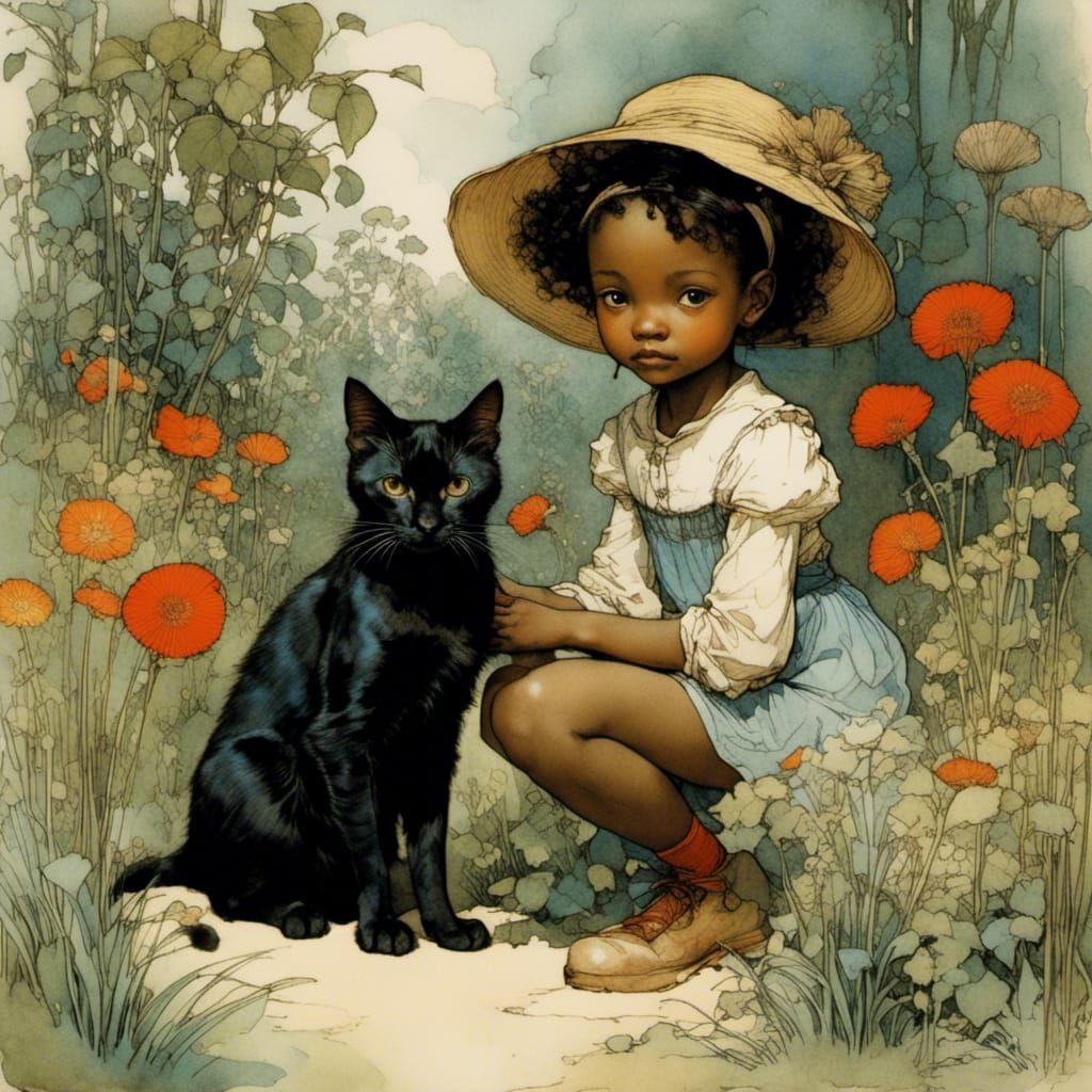 Girl and Cat in Garden, Rackham Style