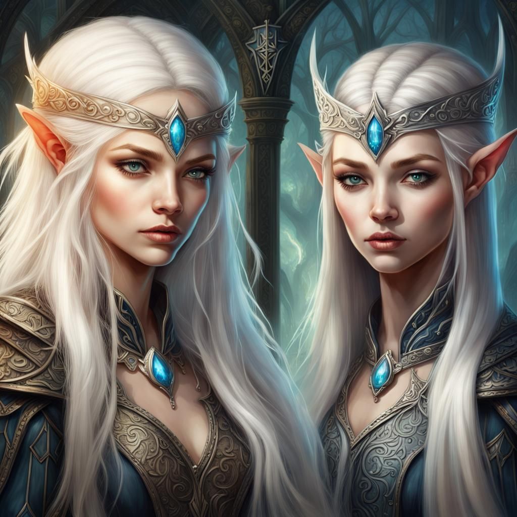 Elven Princesses: Good Versus Evil, Oil Painting Style