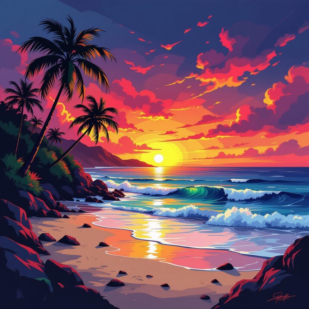 Vibrant Abstract Island Sunset in Graffiti Style