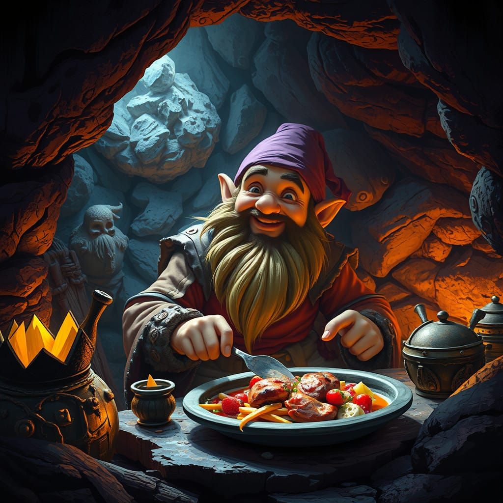 Dwarf Master Chef Creates Feast in Dark Fantasy Cave