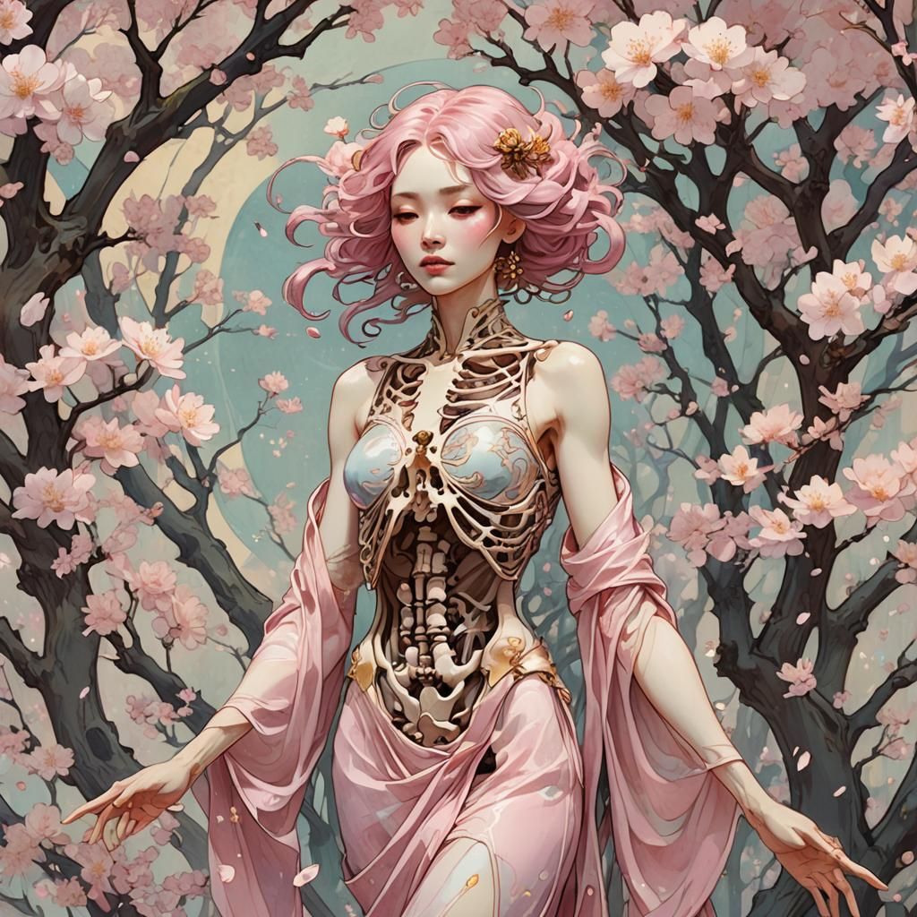 Sakura-Haired Woman in Art Nouveau Cherry Blossom Scene