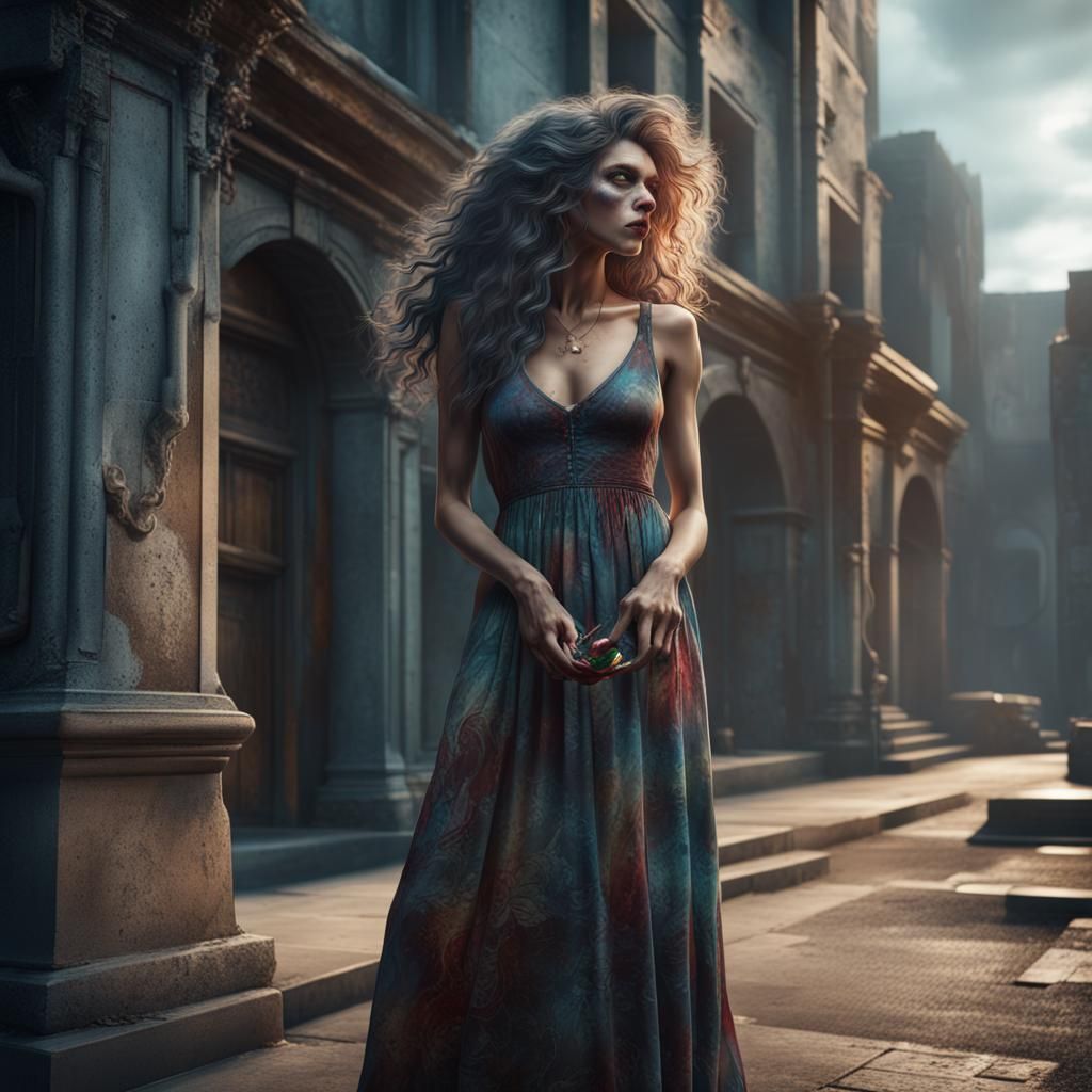 Undead Woman in Cityscape: Detailed Matte Painting