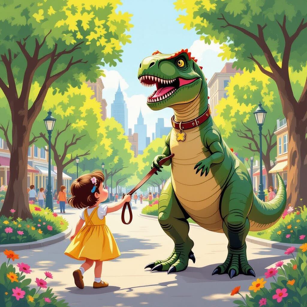 Girl Walks T-Rex in City Park, Whimsical Illustration