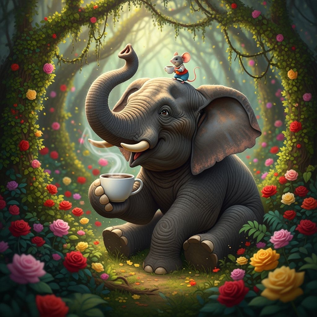 Elephant and Mouse Enjoying Morning Coffee