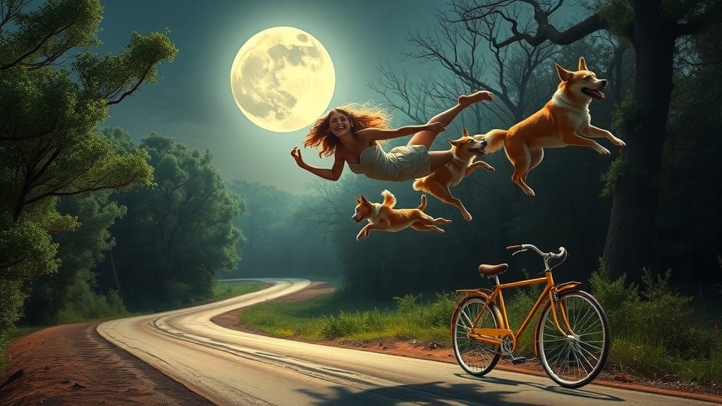 Woman Soaring with Dogs in Magical Forest