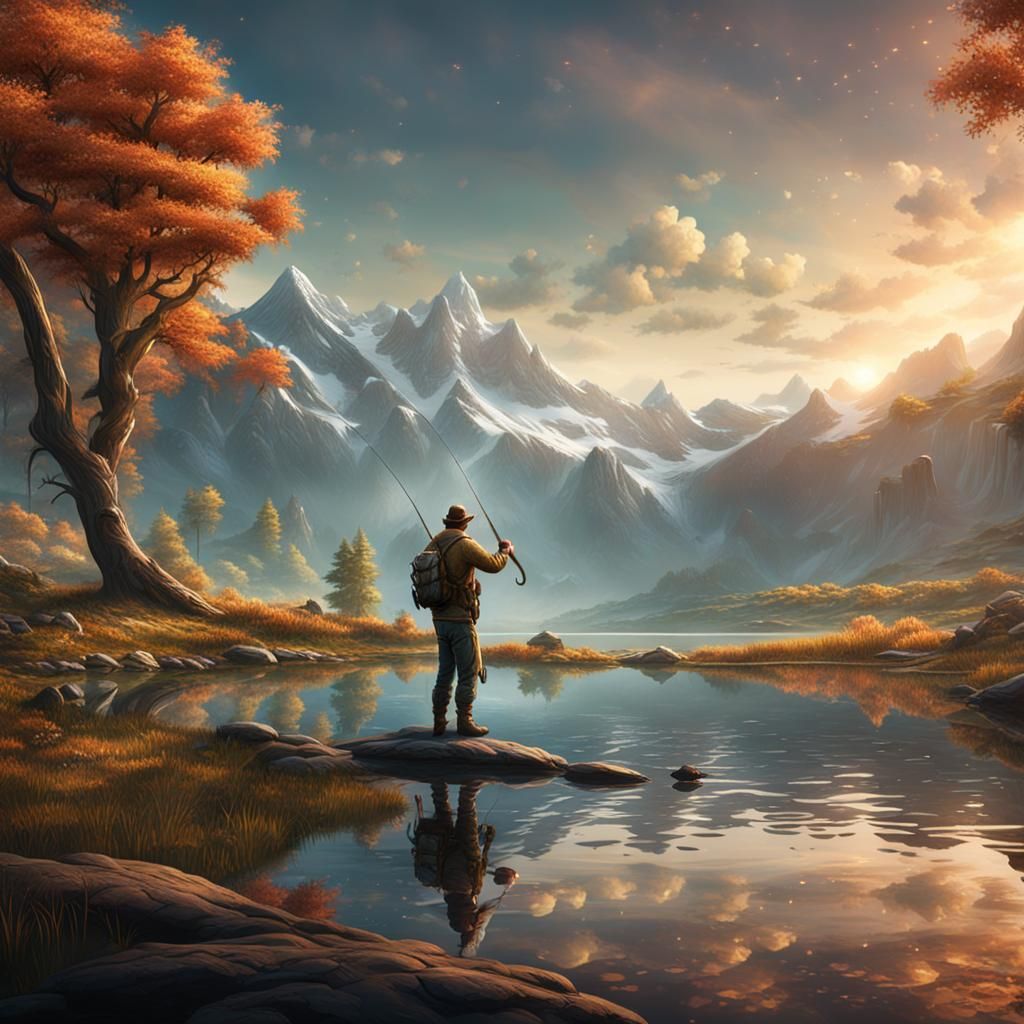 Fisherman at Lake: Detailed Matte Painting
