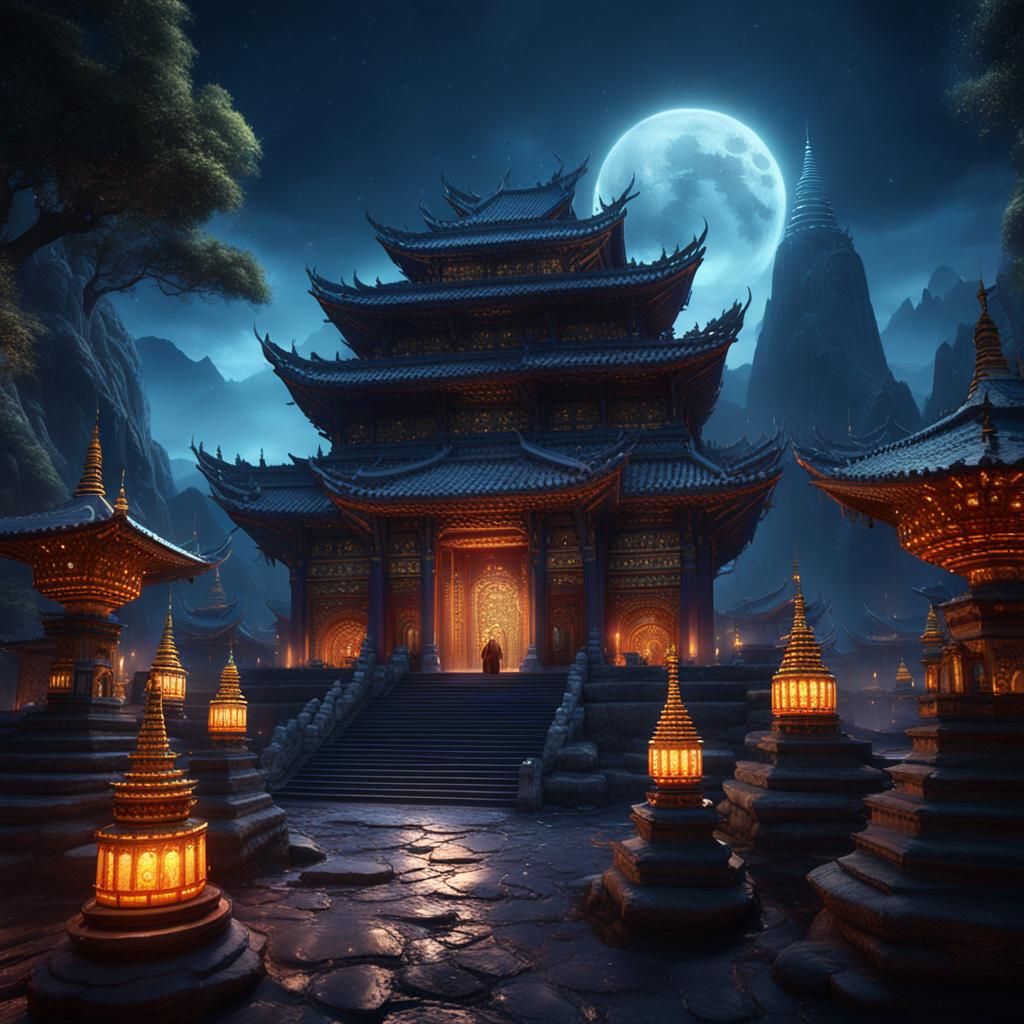 Monks Outside a Huge Temple at Night