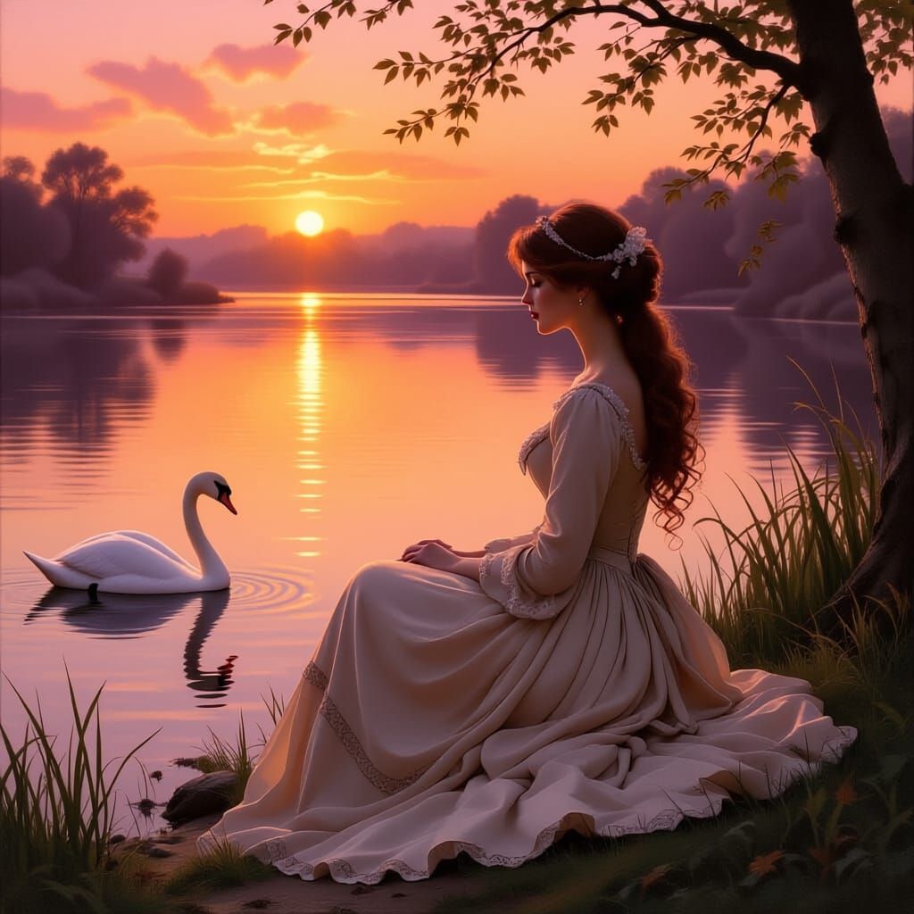 Regency Woman by Tranquil Lake at Dawn