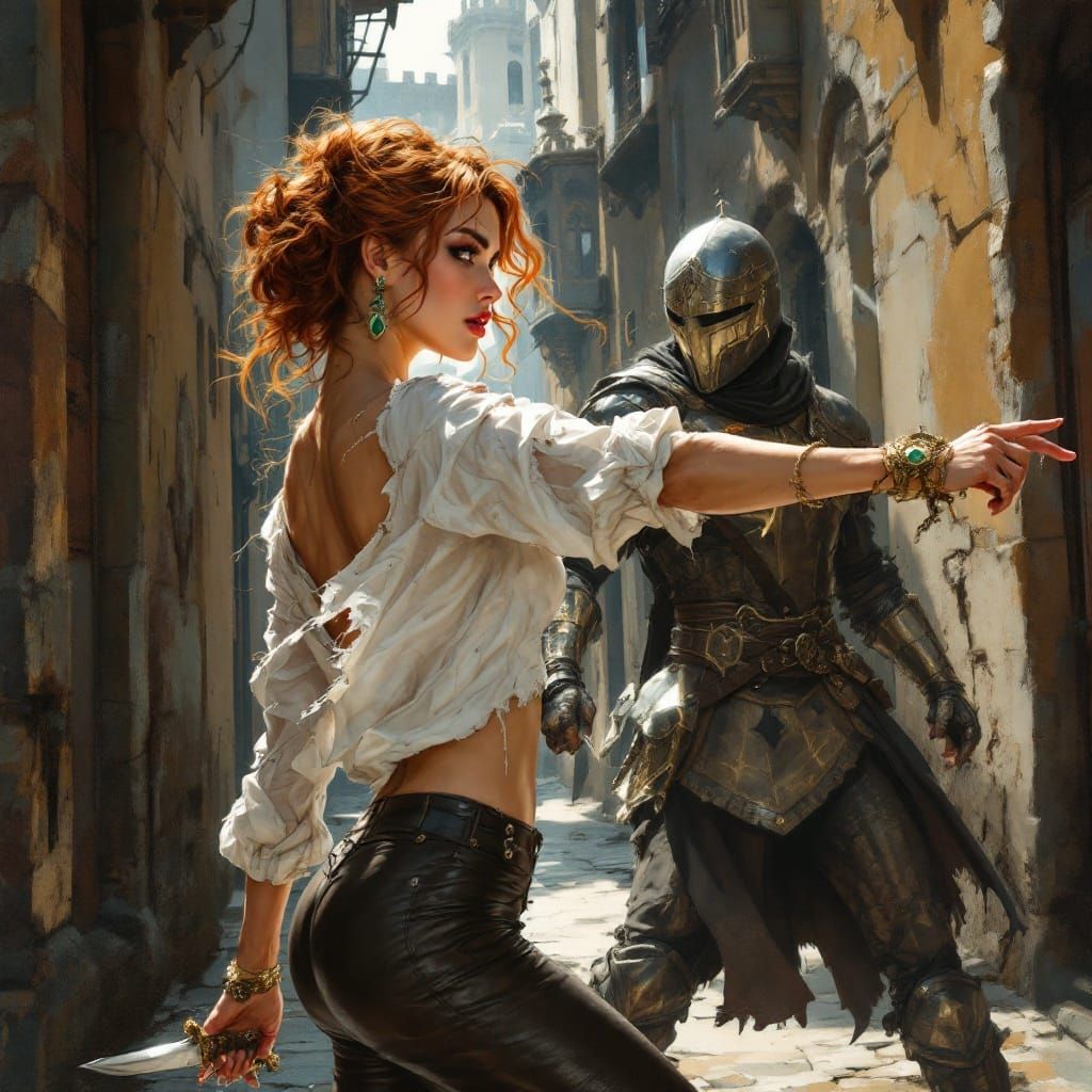 Fantasy Thief Attacks City Guard in Dark Alley