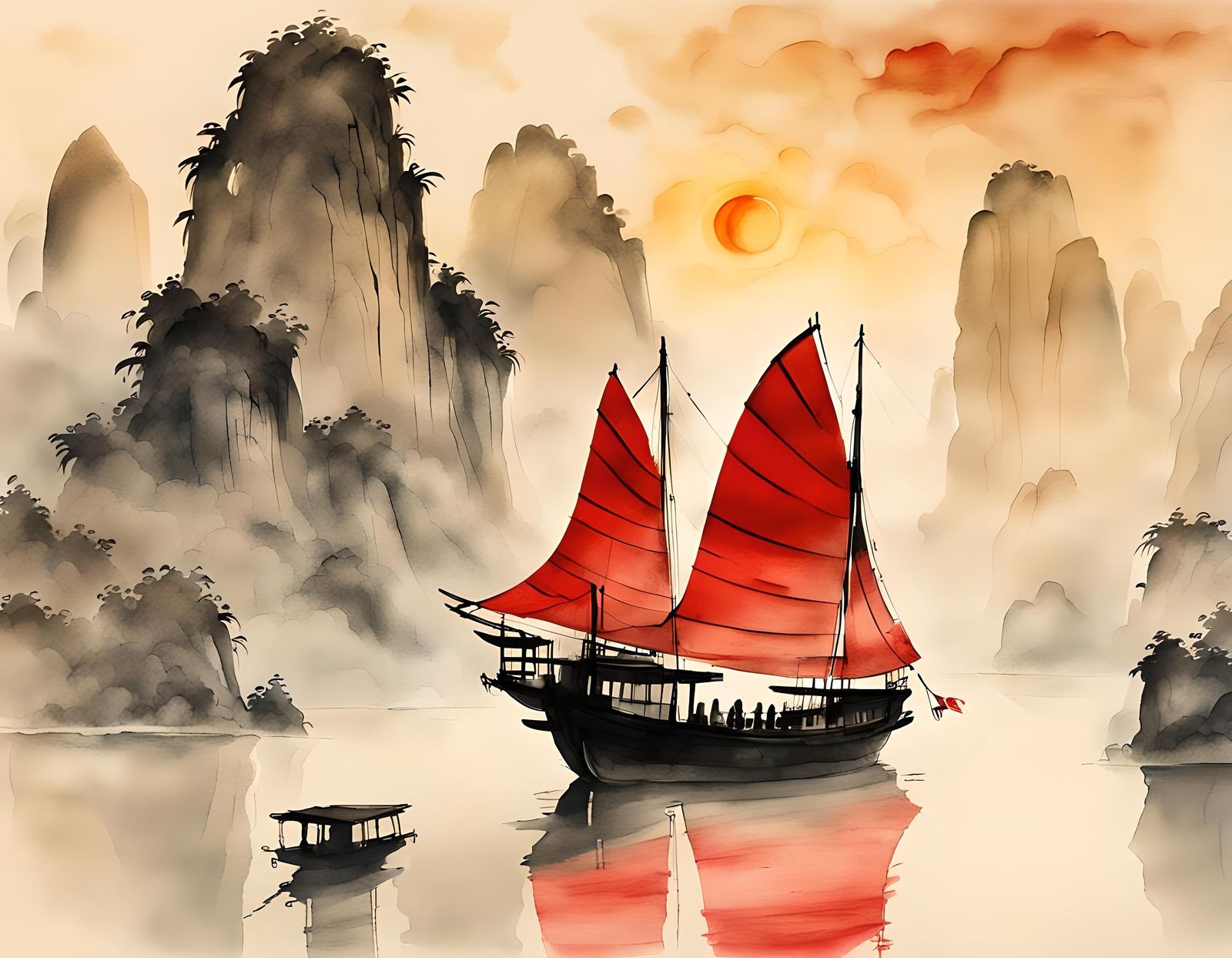Chinese Junk Sails in Halong Bay: Alcohol Ink Painting