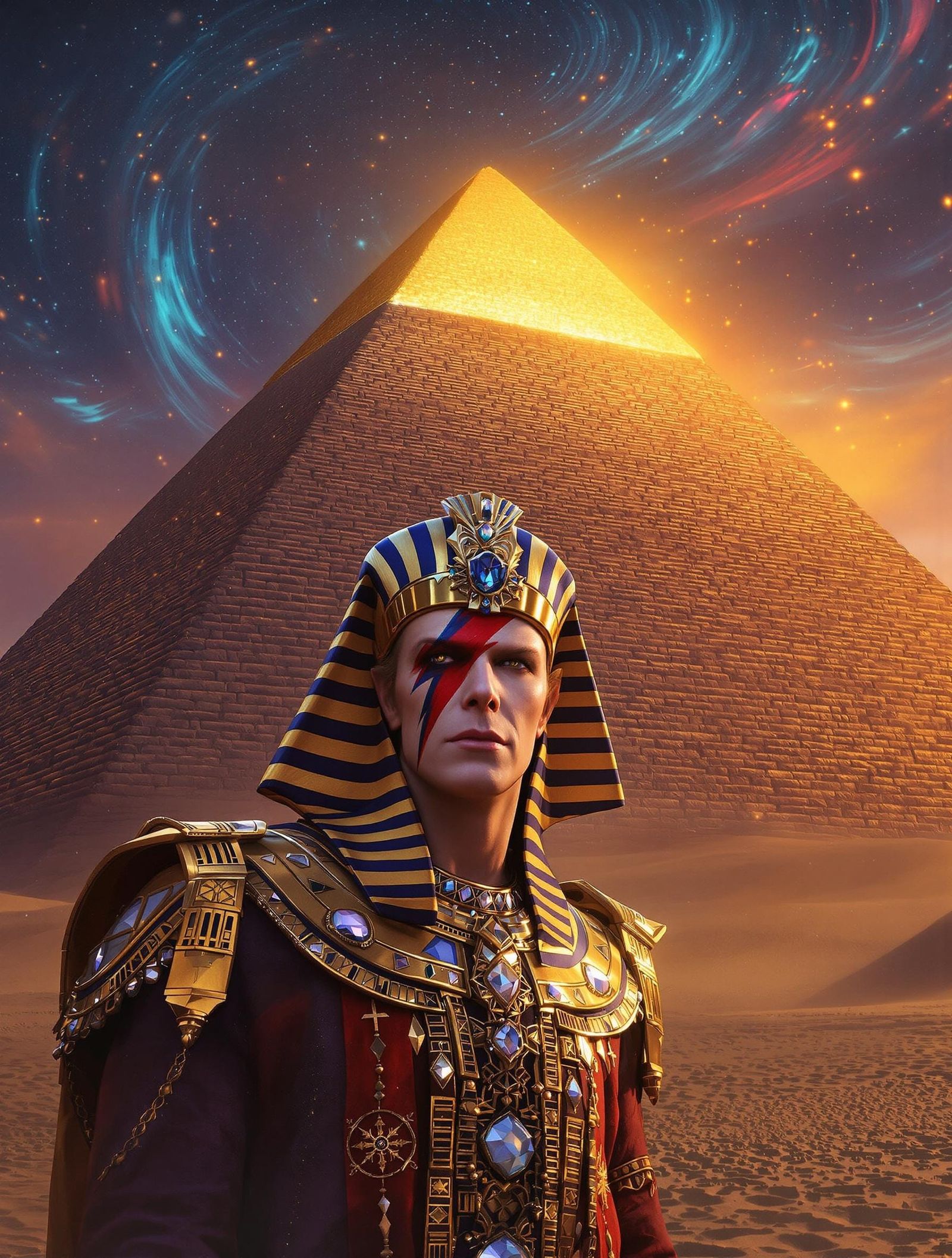 David Bowie, as an Egyptian Pharaoh, standing infront of the the Great Pyramid.