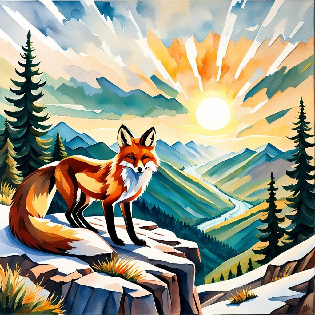 Fox Overlooking Valley in Impressionist Gouache Style