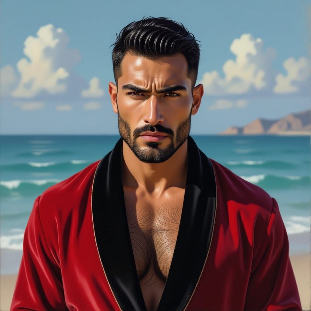 Wrathful Man in Velvet Robe on Beach