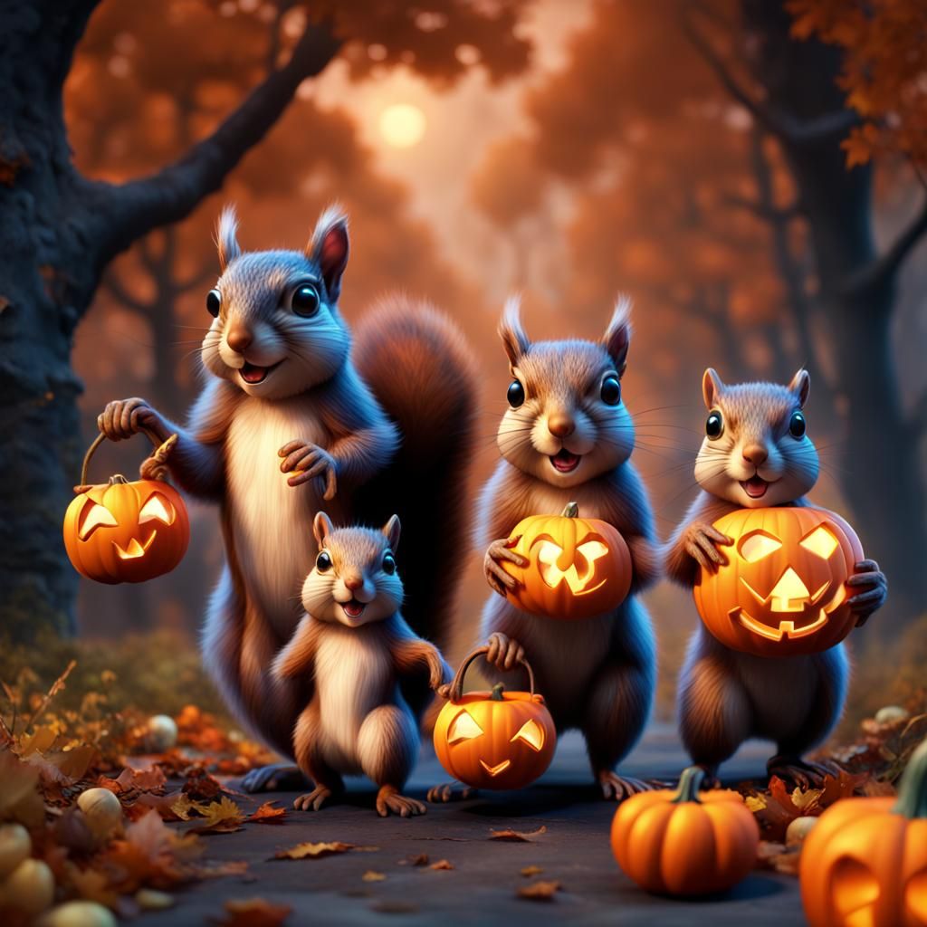 Squirrel Family Goes Trick or Treat