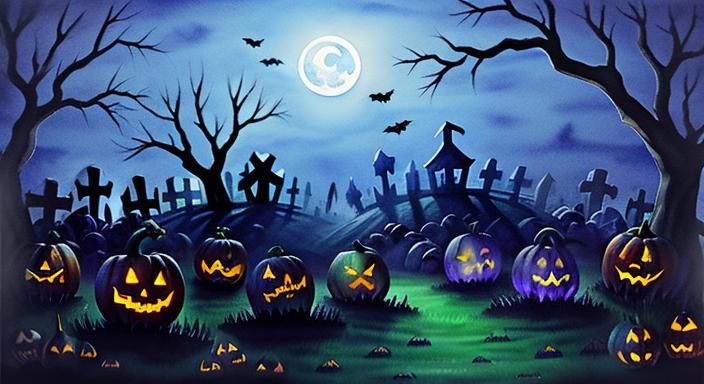 Watercolor Halloween Graveyard with Ghosts and Monsters