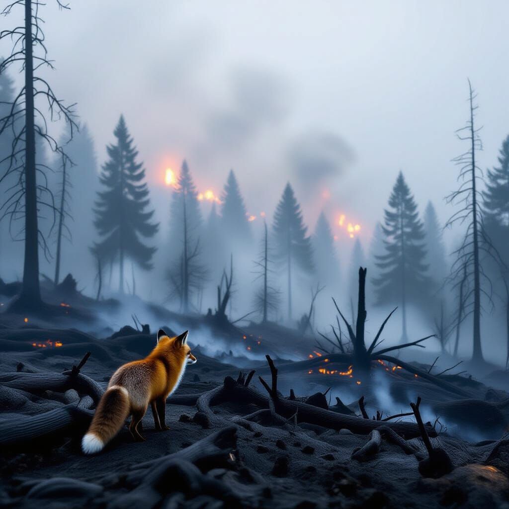 Fox Flees Burning Forest on Smoky, Foggy Day