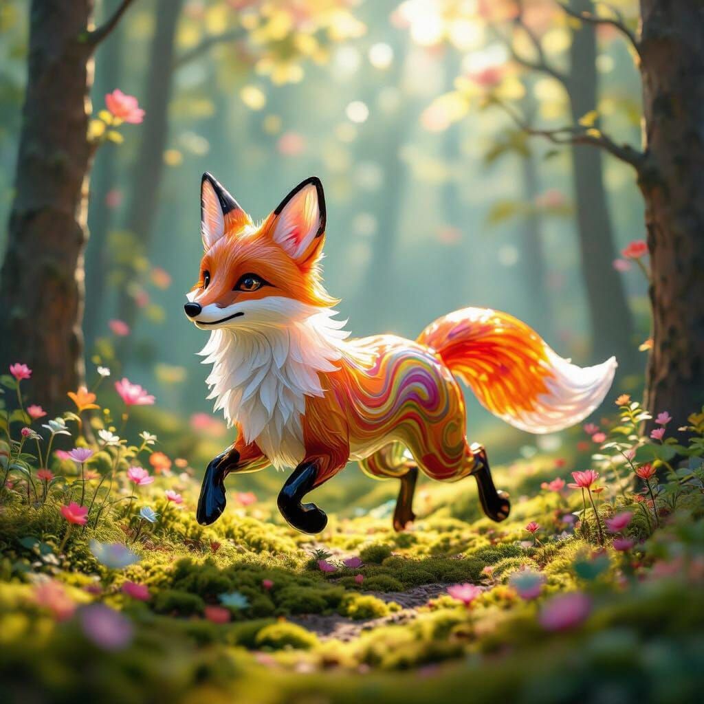 Glass Fox Frolics in Surreal Candy Forest