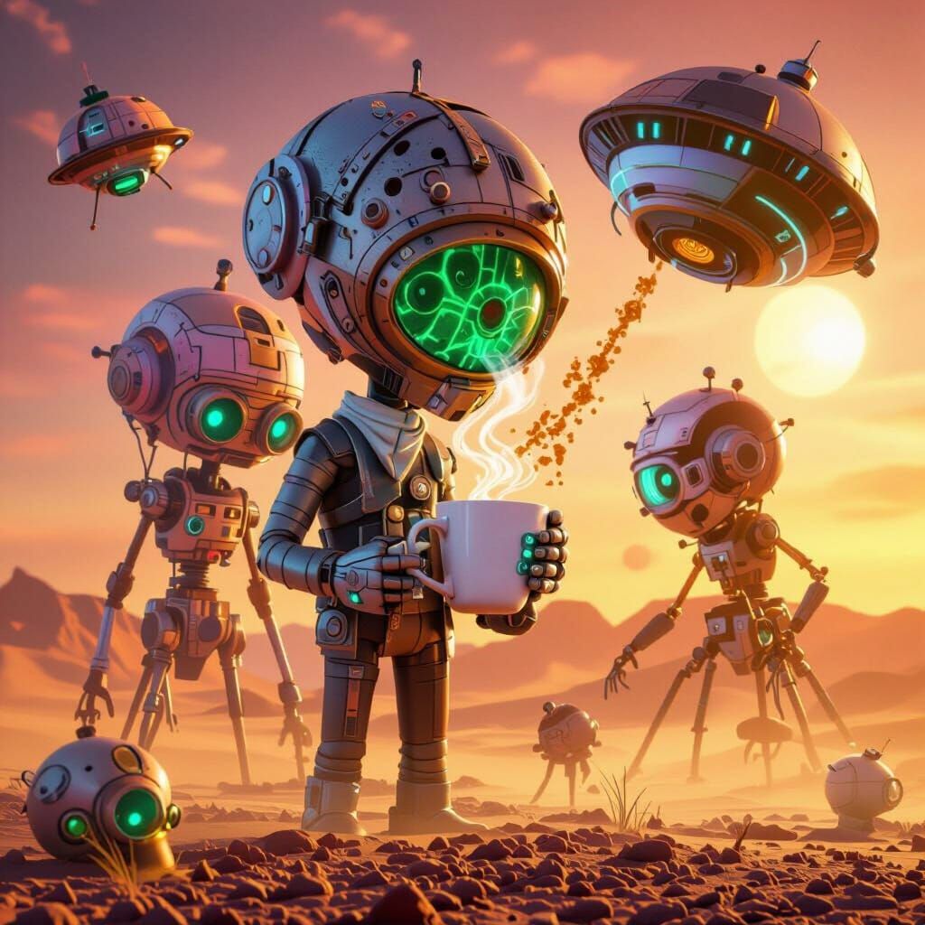 Alien Sipping Coffee in Surreal 3D Rendered World