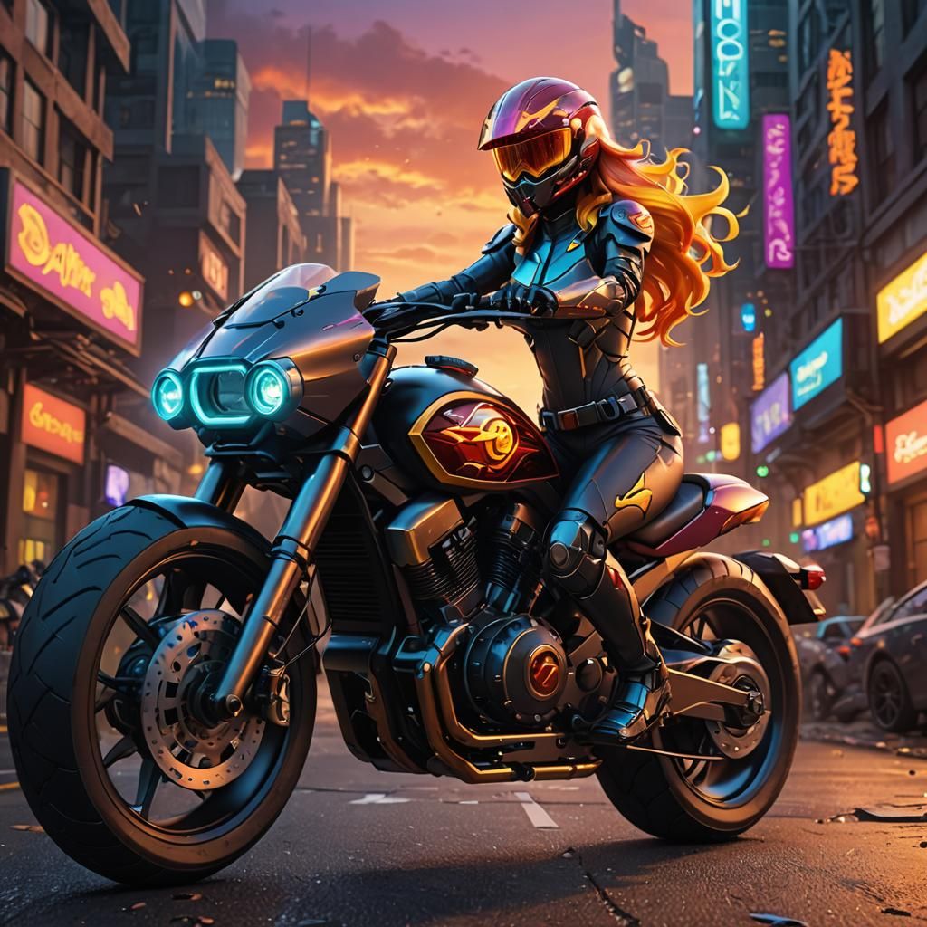 Sunset Shimmer on Futuristic Motorcycle, Detailed Concept Ar...