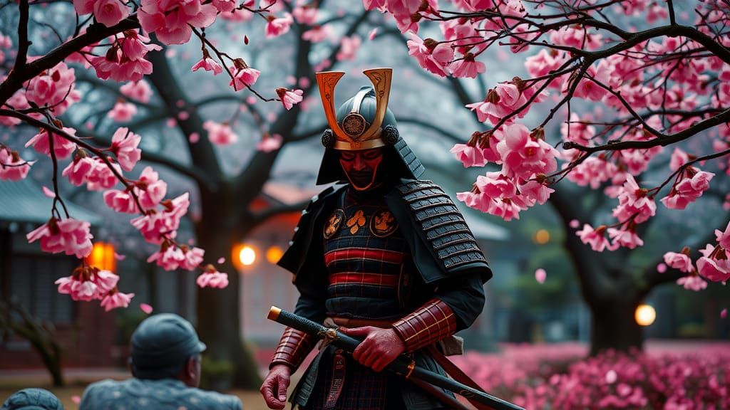 Samurai in Sci-Fi Cherry Blossom Garden