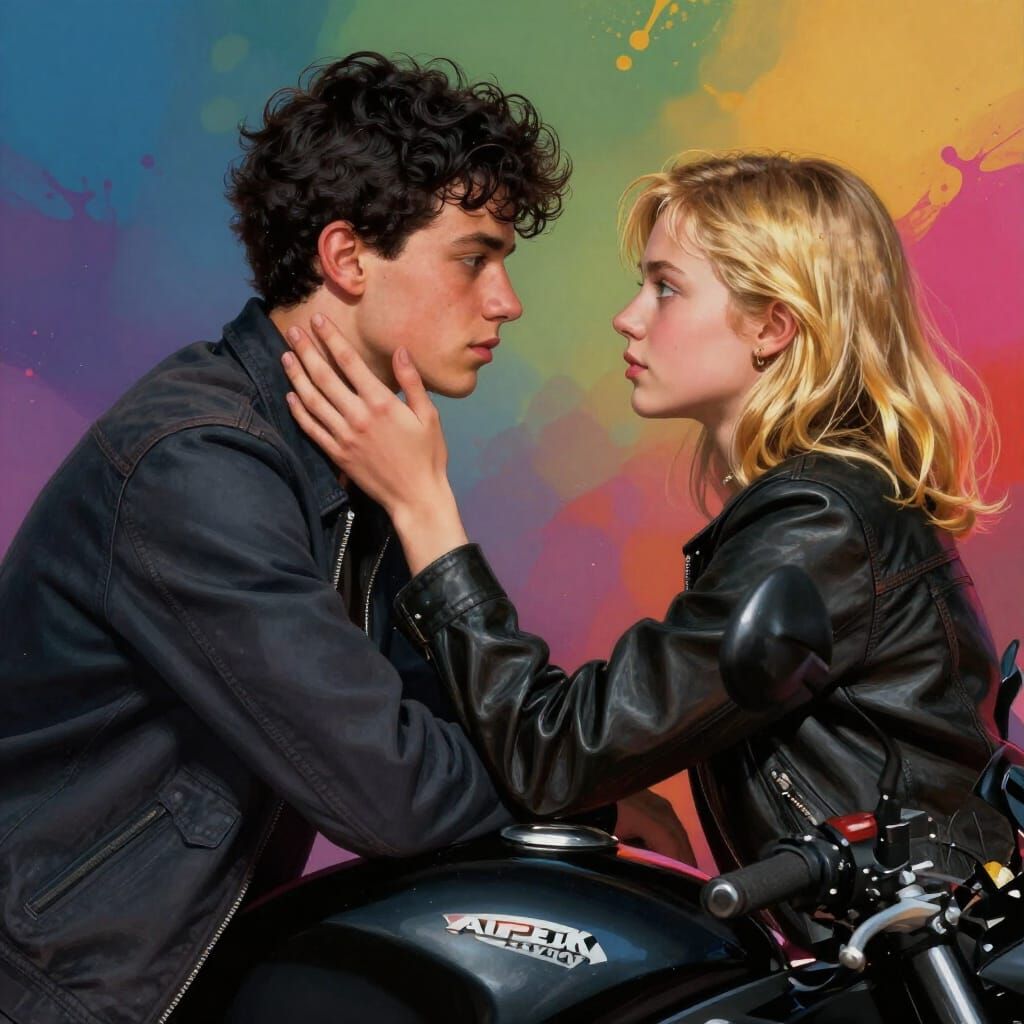 Teen Couple Leans Together on Motorcycle, Splash Art