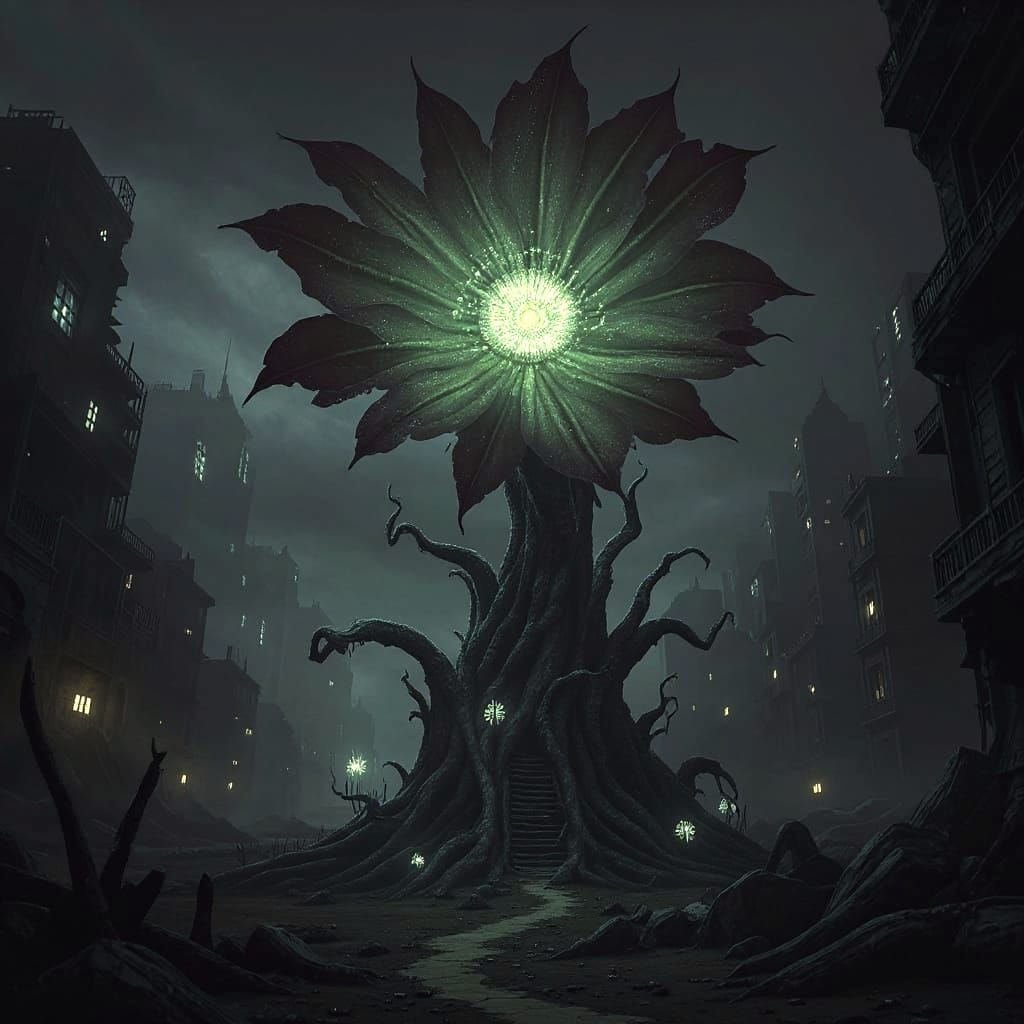 Bioluminescent Flower Blooms in Cyberpunk City Ruins