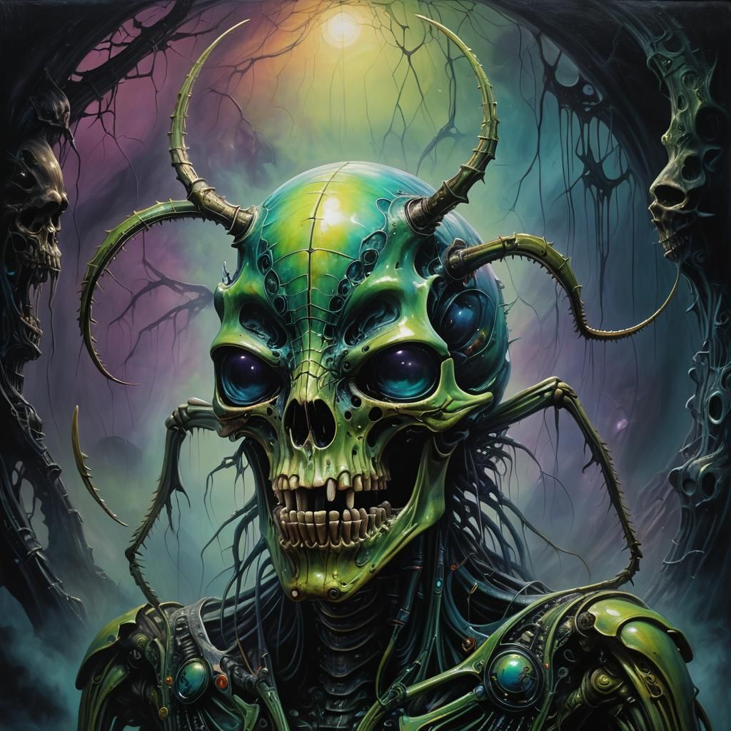 Mantis on Skull in Glowing Triadic Colors Oil Painting