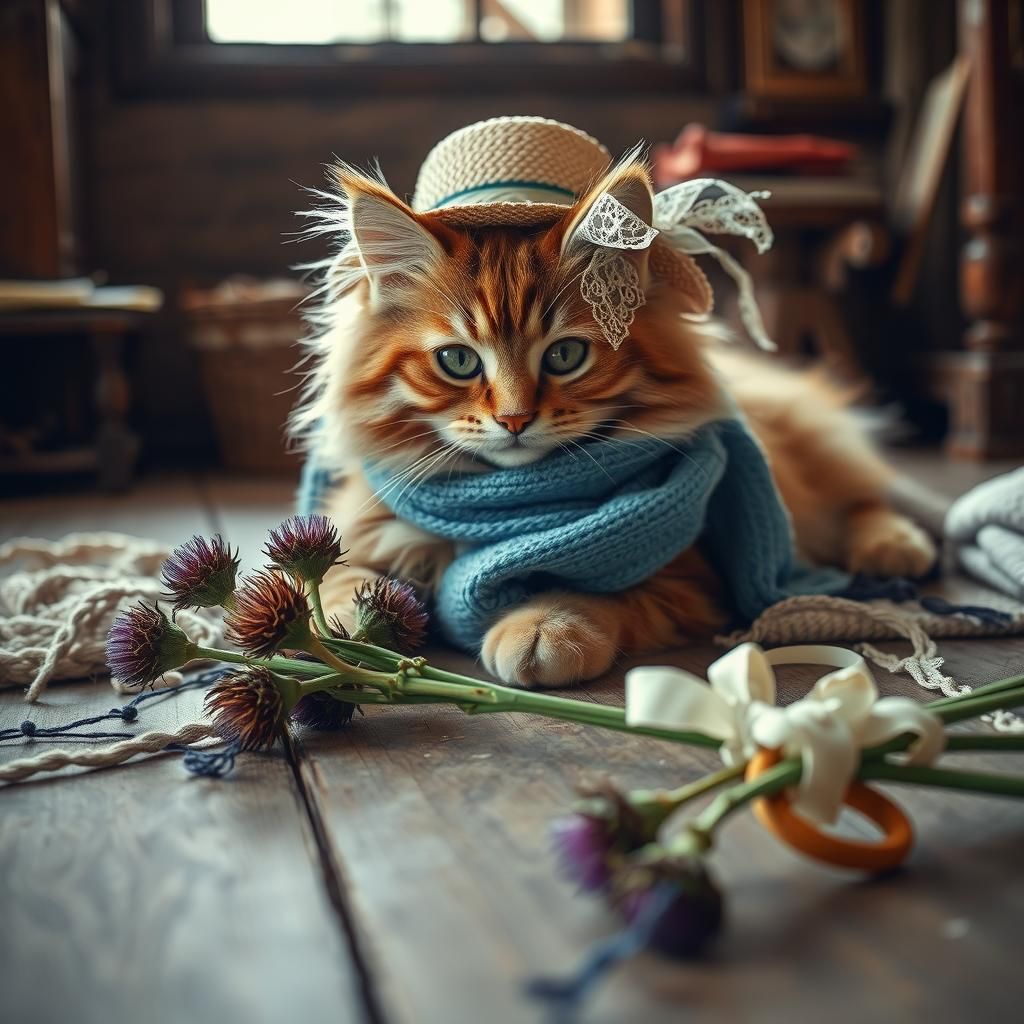 Cozy Cat in Countryside Setting with Thistles