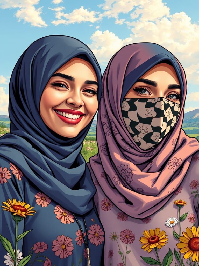Comic Book Style Portrait of Hijab-Wearing Friends in Summer...