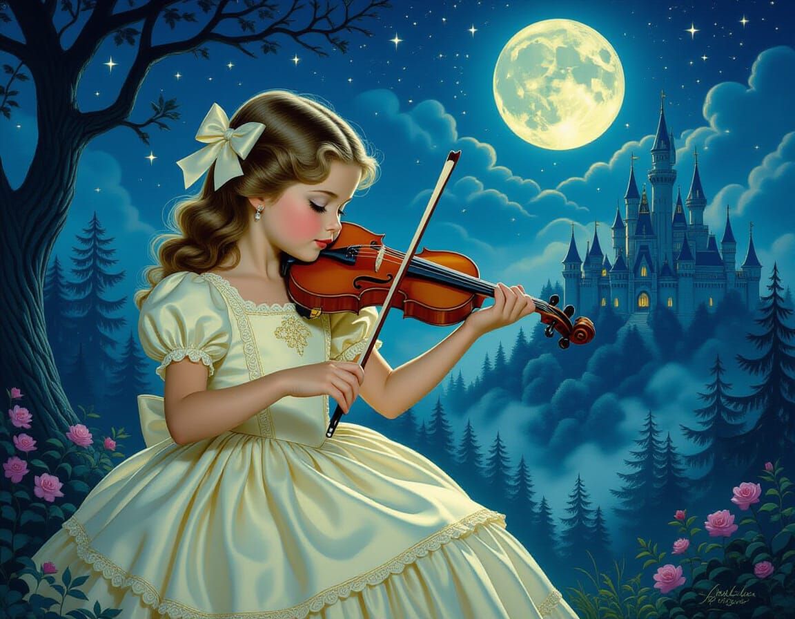 Mystical Night Scene: Girl Playing Violin