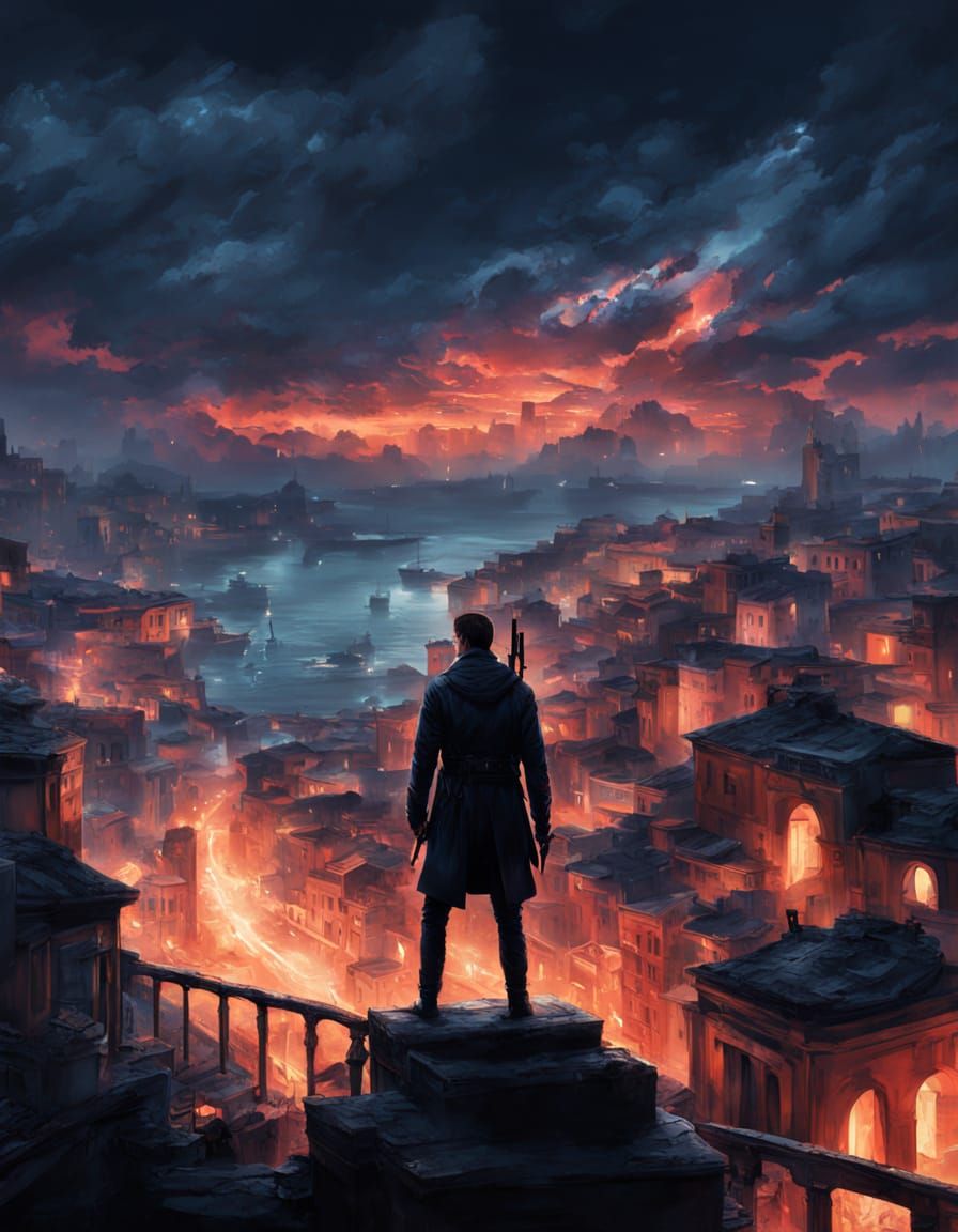 Elegant Assassin Overlooks Neon Cityscape in Dark, Cinematic...