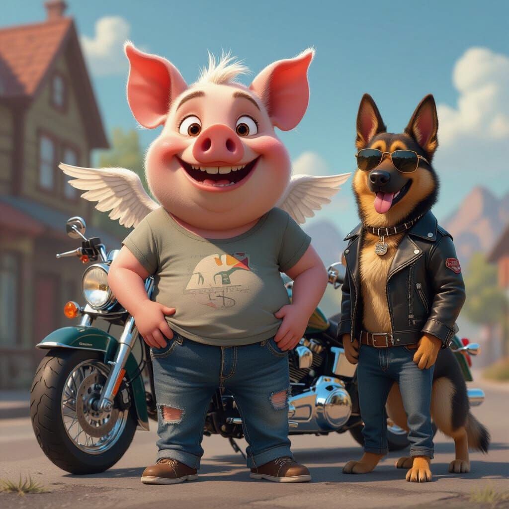 Winged Pig and German Shepherd in Pixar Style