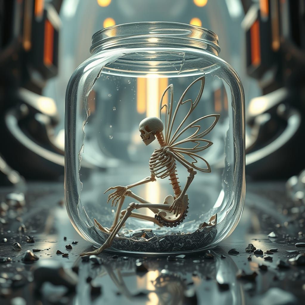 Ethereal Fairy Skeleton Shattered in Crystal Jar, Futuristic...
