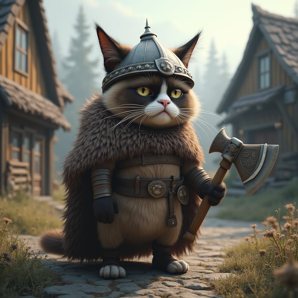 Grumpy Cat Viking in Nordic Village, Digital Art
