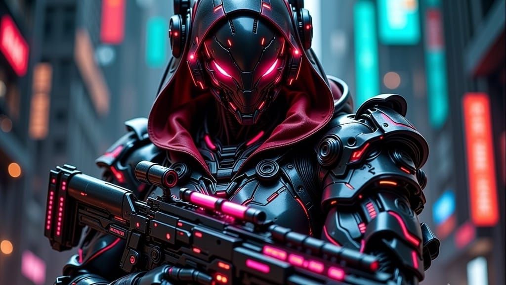 Lethal Geisha Cyborg Assassin in Neon Horror Style