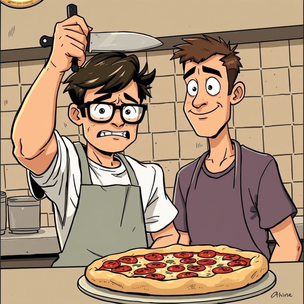 Moby's Frustrated Gaze, Knife Raised Above the Pizza