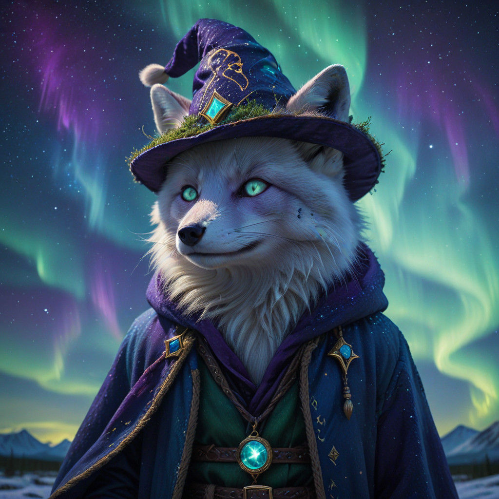 Anthropomorphic Arctic Fox in Blue Wizard's Regalia Under No...