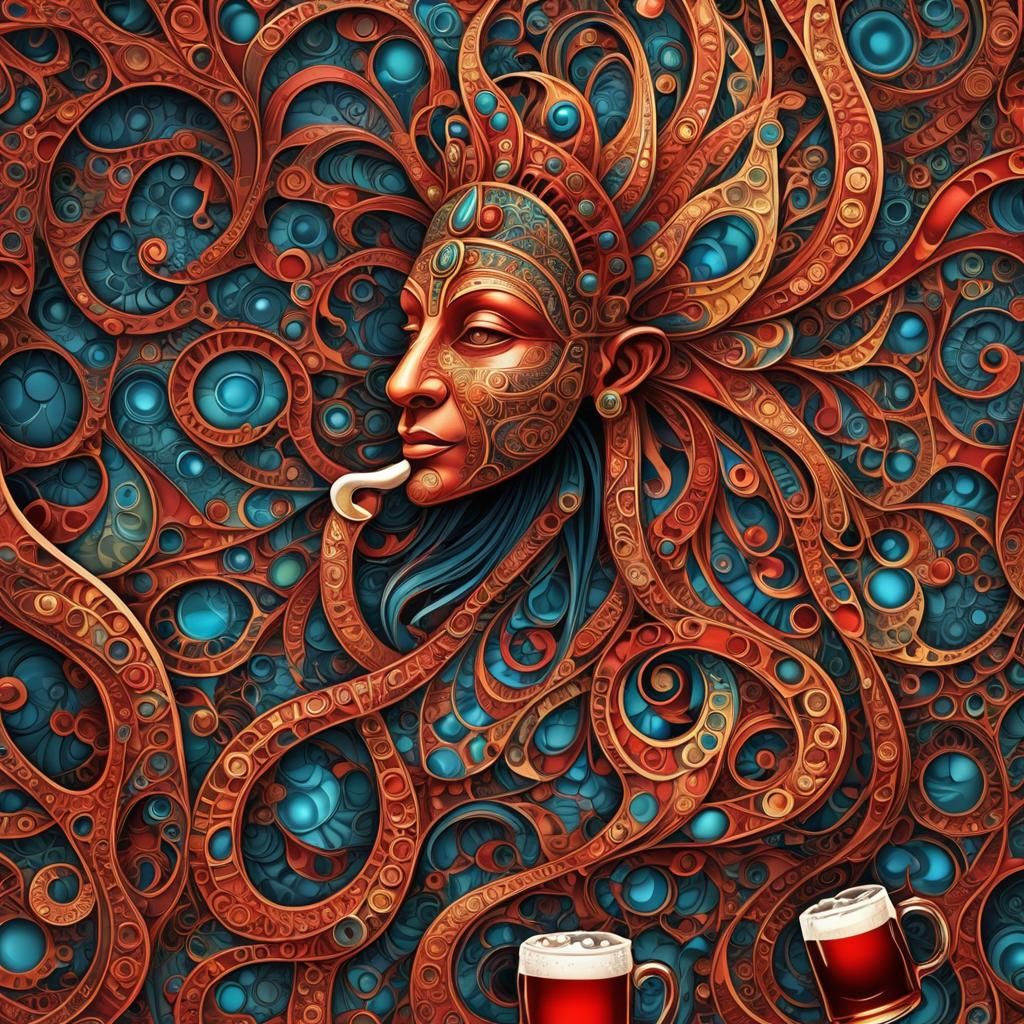 Hathor Drinks Red Beer in Abstract Fractal Art
