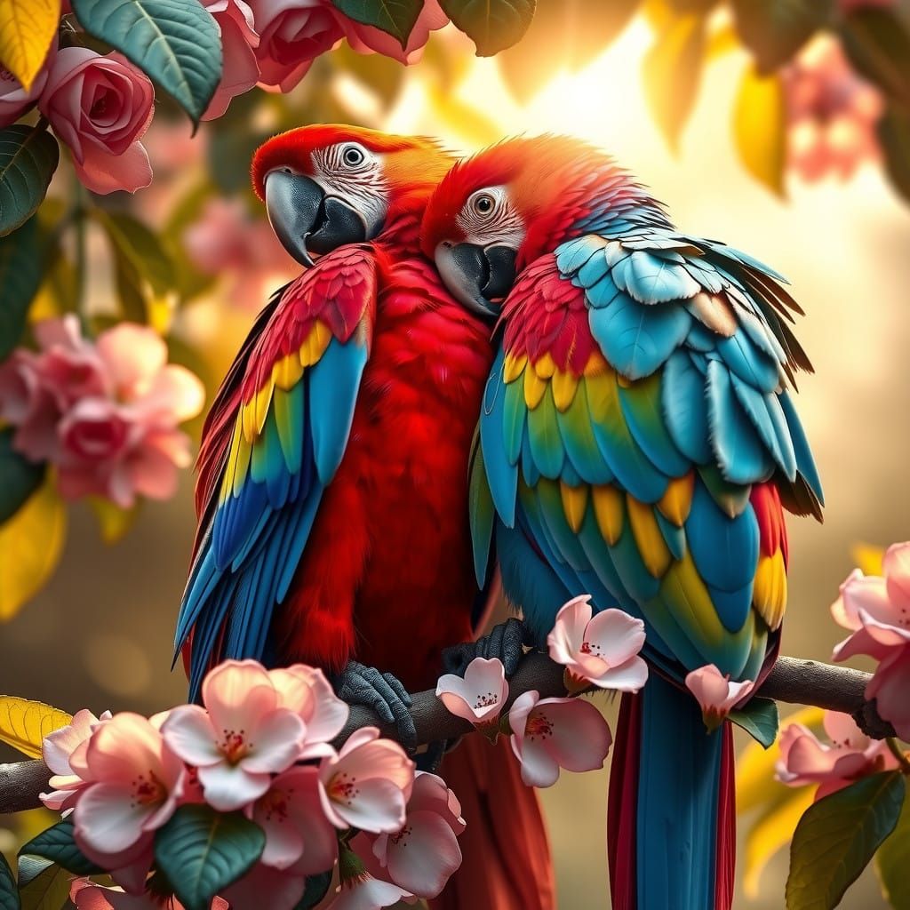 Vibrant Birds Embrace in Idyllic Blooming Bough