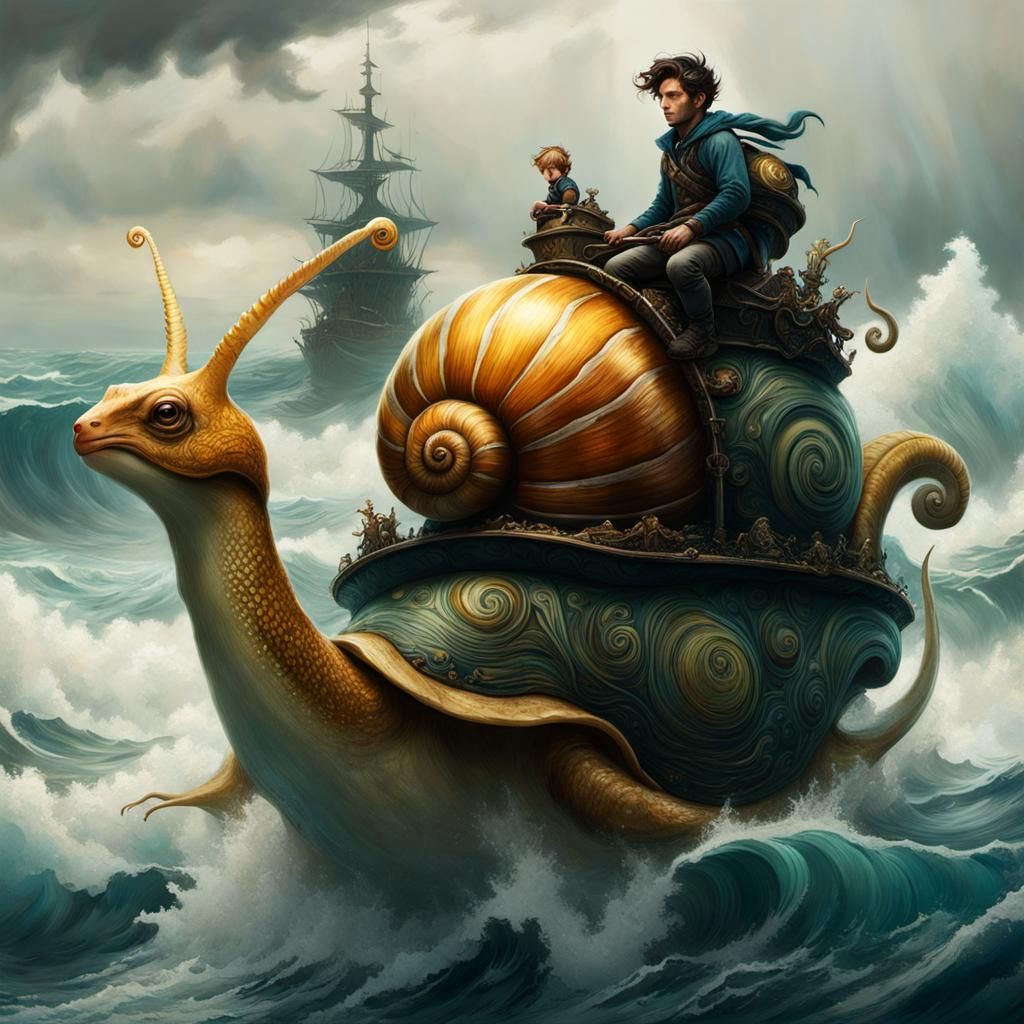 Boy Rides Snail Boat in Stormy Ocean