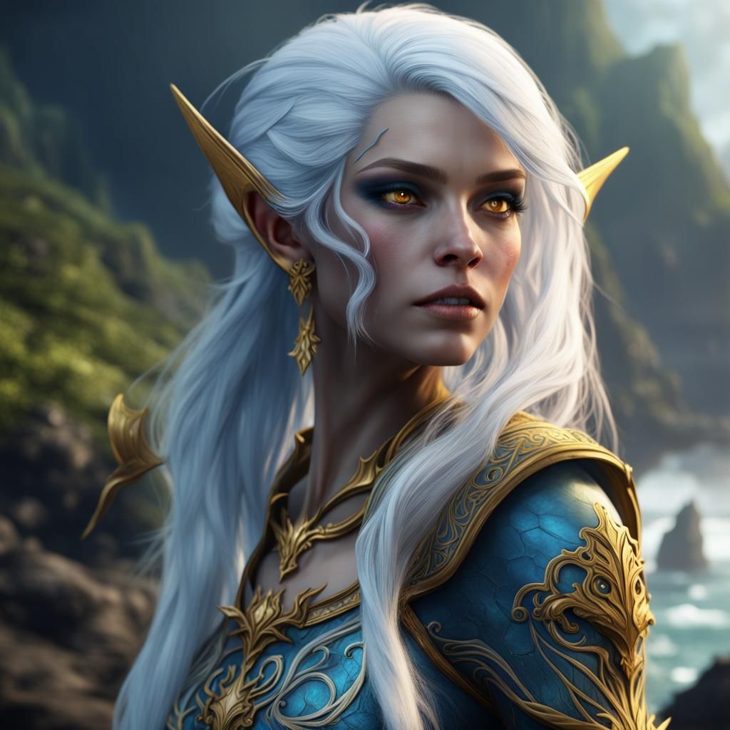 Fantasy Sea Elf with Blue Skin and White Hair