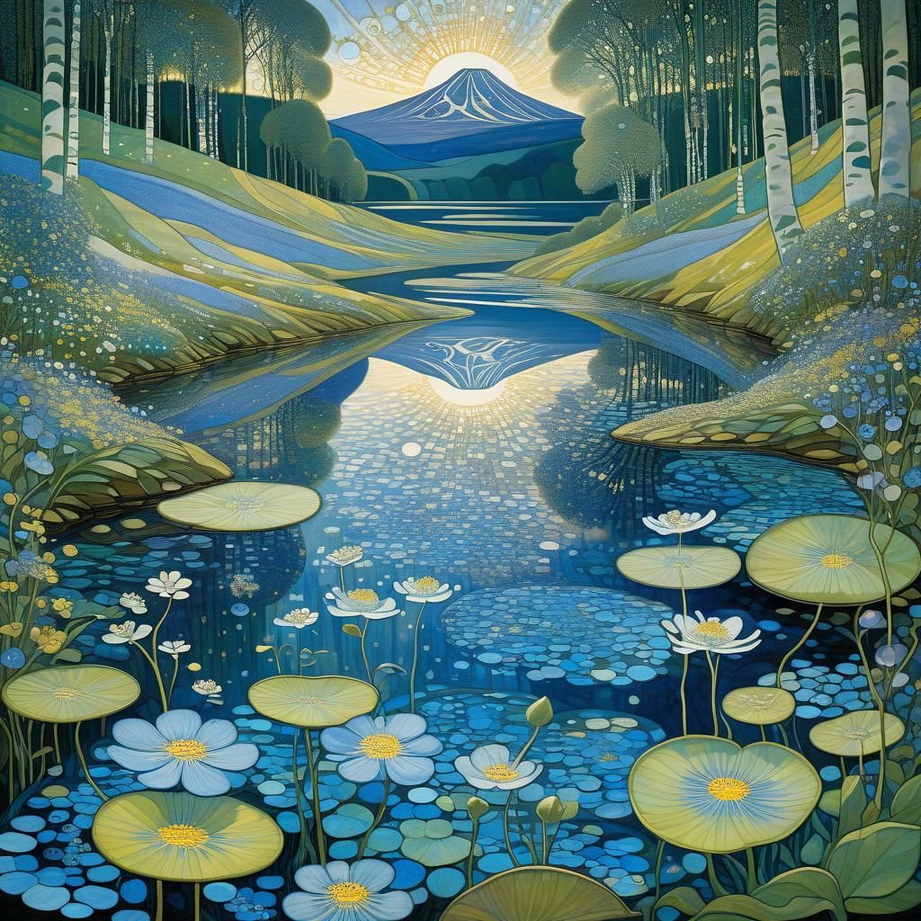 Forget-Me-Nots in a Luminous Lake Scene