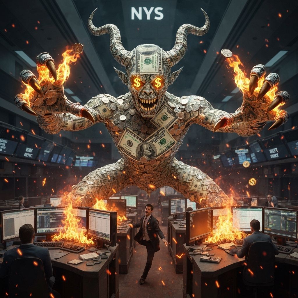 Photorealistic Demon of Currency on Wall Street